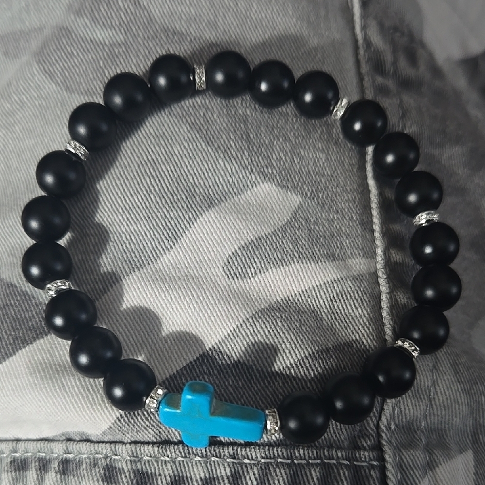 Black Onyx Beaded Bracelet with Blue Turquiose Cross With Silver Accents.